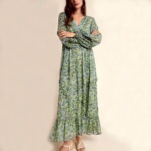 NWT Anthropologie Magdalena Ruffled Maxi Dress Size L Large Green Metallic